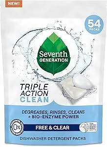 Seventh Generation Triple Action Clean Automatic Dishwasher Detergent Packs with Bio-Enzyme Power, Free & Clear, Fights 48-hour Stuck-on Food, 54 count