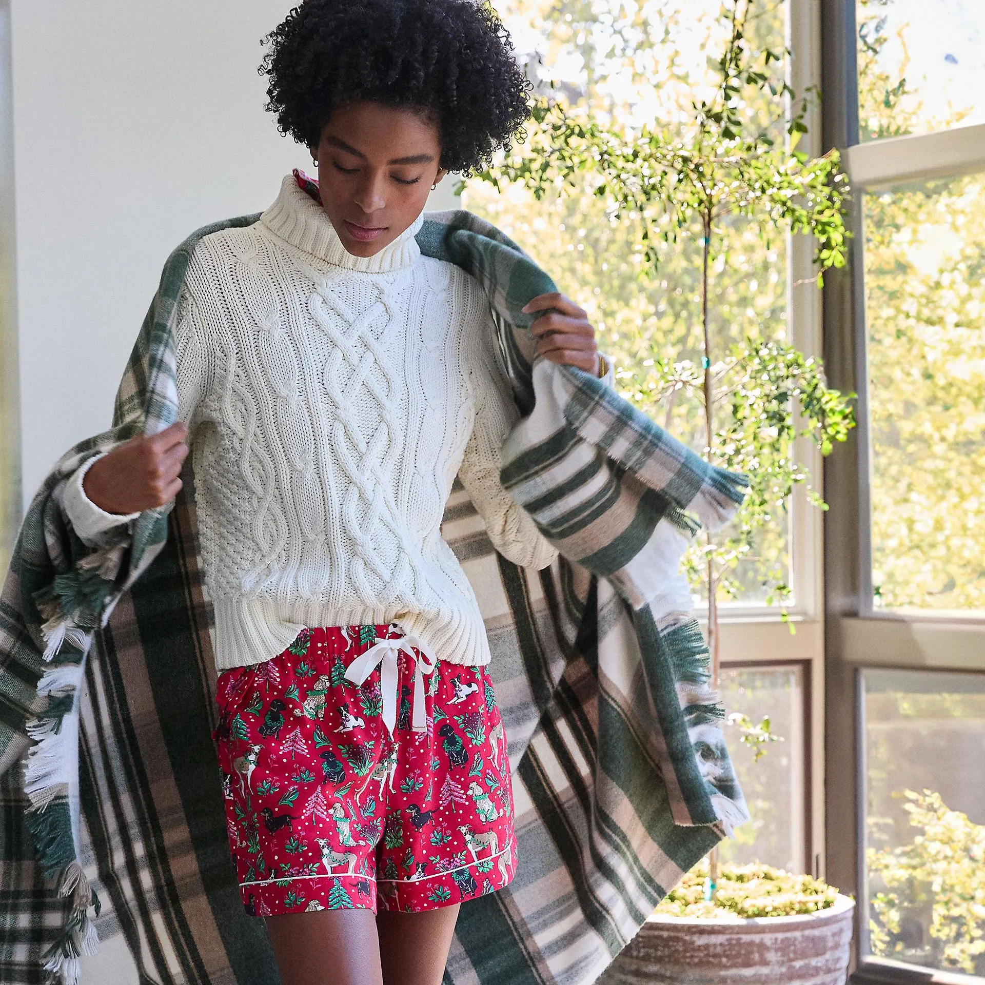 Women's Drapey Flannel 2 Piece Pajama Set - Short Sleeve Top and Shorts