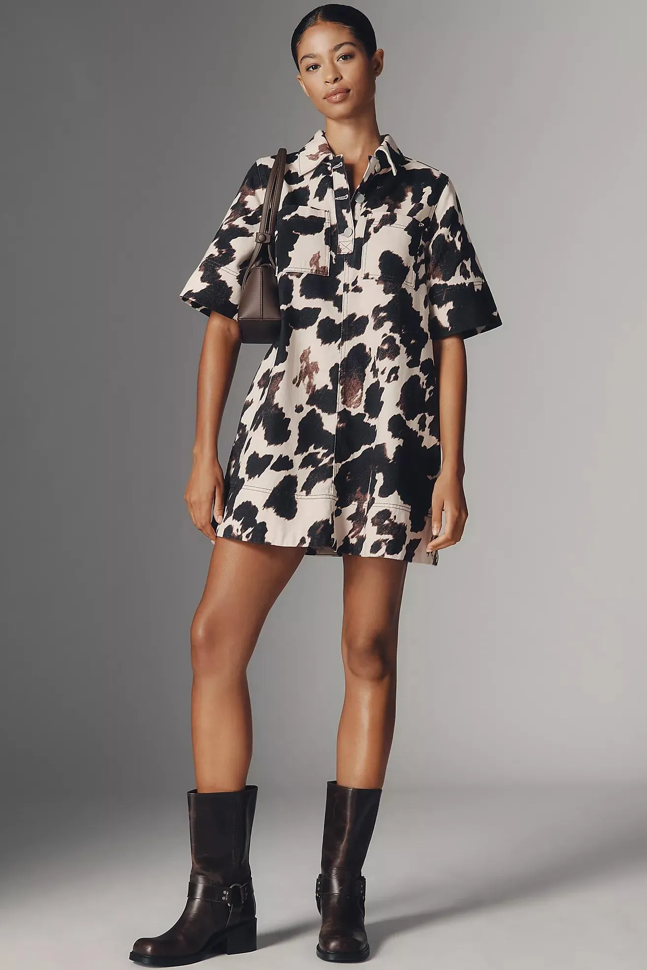 The Jeannie Short-Sleeve Denim A-Line Mini Dress by Maeve