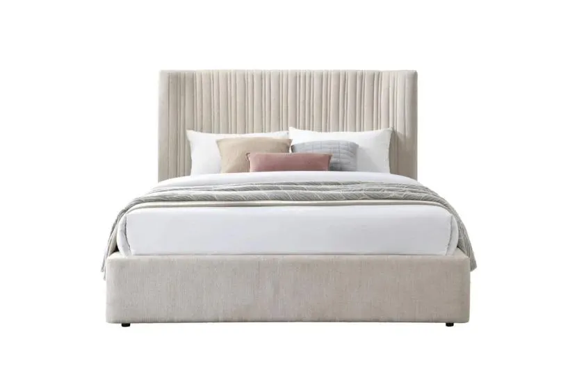 Aven Beige Wood Queen Upholstered Platform Bed