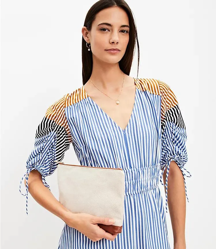 Striped Tie Puff Sleeve Midi Dress