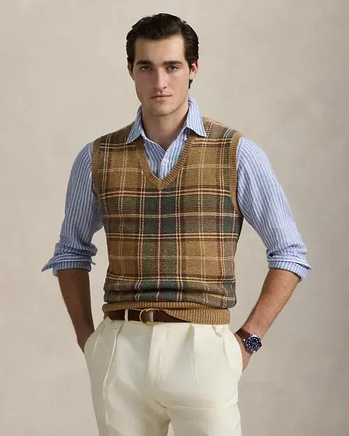 Plaid Wool-Cotton Sweater Vest