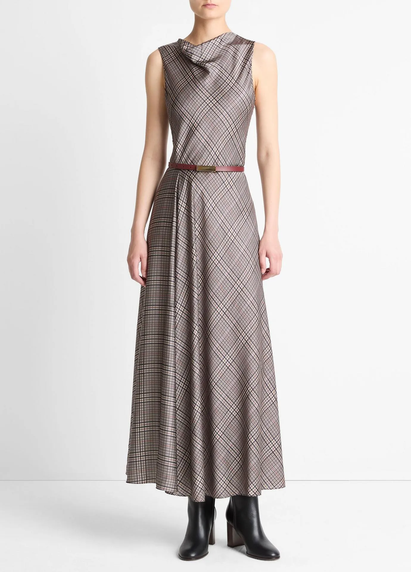 Pressed Plaid Satin Cowl-Neck Dress