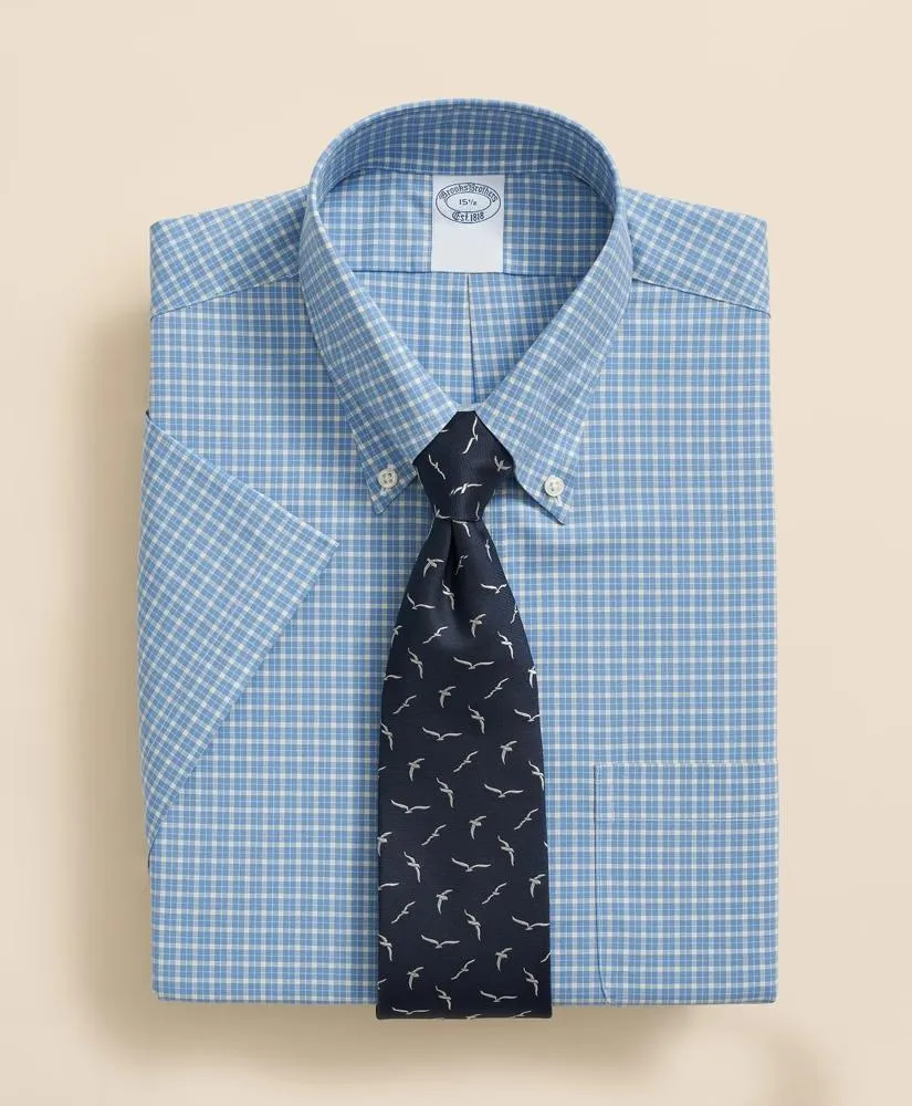 Stretch Supima ® Cotton Non-Iron Broadcloth Polo Button-Down Collar, Checked Short-Sleeve Dress Shirt