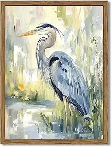 Framed Blue Heron Wall Art, Watercolor Sea Bird Pictures Wall Decor, Coastal Nature Wildlife Animal Paintings Canvas Prints for Living Room Bedroom Bathroom Office Home Decor 12x16 inch