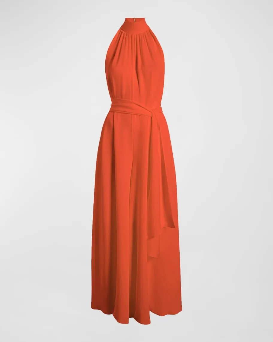 Lexine Ruched Wide-Leg Halter Jumpsuit