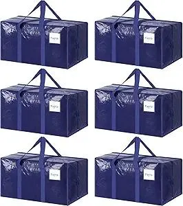 6 Pack Extra Heavy Duty Large Moving Bags with Strong Zipper & Comfortable Handles, Sturdy & Durable Clothes Storage Bags Totes Bins, Blue Packing Moving Boxes for College Supplies, Dark Blue