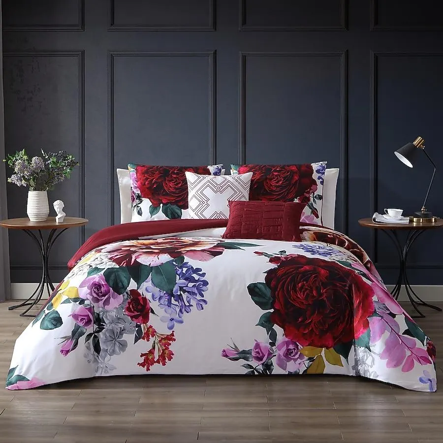 BEBEJAN Magenta Floral Red Floral Reversible King Comforter Cotton