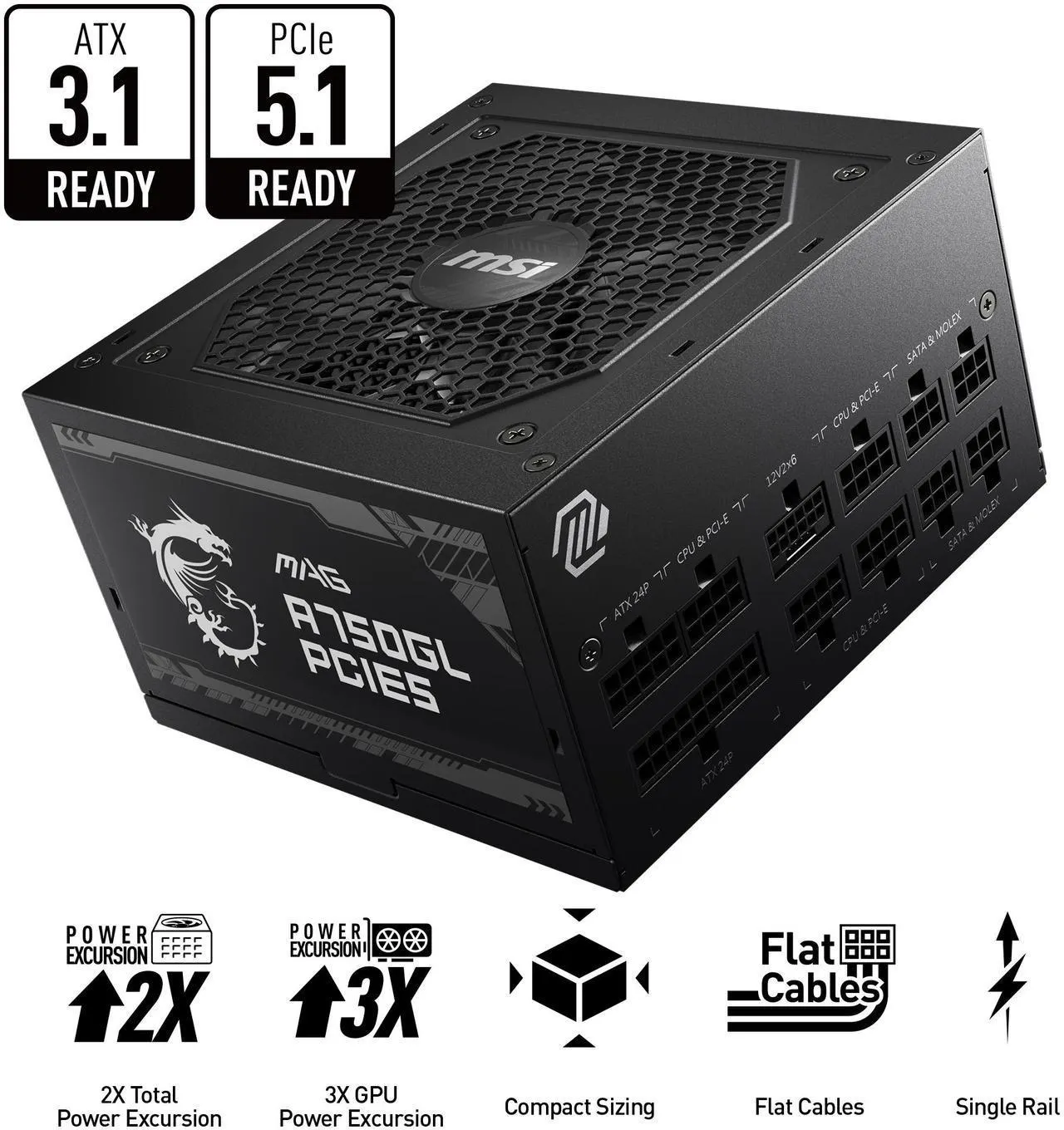 MSI - MAG A750GL PCIE5, 80+ GOLD Fully Modular Gaming PSU, 12V-2x6 Cable, ATX 3.1 & PCIE 5.1 Ready, 750W Power Supply, 10 Year Warranty