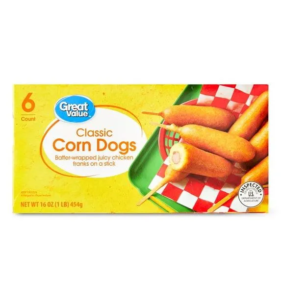 Great Value Frozen Appetizers Classic Corn Dogs, 16 oz, 6 Count (Frozen). Contains Wheat, Milk, Eggs and Soy