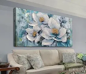 Acocifi Teal Blue Canvas Wall Art Large Flower Painting Vintage Abstract Aqua Wall Decoration Elegant Floral Picture Textured Artwork Framed for Living Room Bedroom Bathroom Office Home Decor 40"x20"