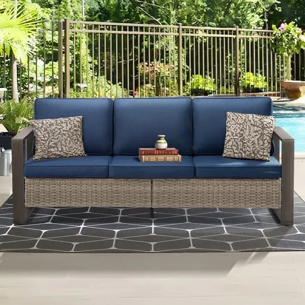 Cozywor Wicker Outdoor Patio Sofa Steel Frame with Beige Cushions