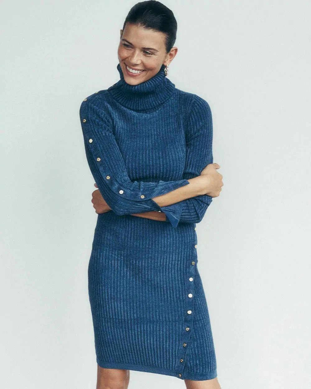 Chenille Button Trim Sweater Dress