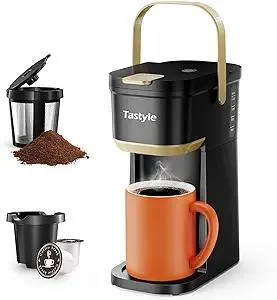 Single Serve One Cup Coffee Maker, for K Cups and Grounds, Mini Coffee Maker with Portable Handle, 6 to 12 Oz Brew Size, for Travel, Camping, Office, RV and Dorm, 120V, Black and Gold
