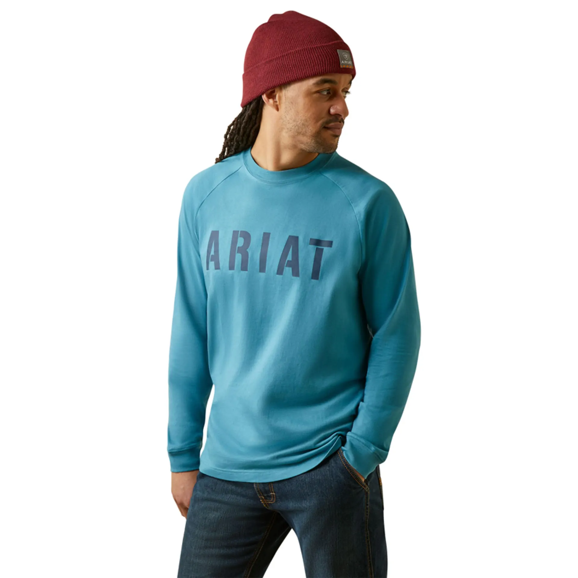 Ariat Men's Storm Blue Rebar Cotton Strong Block Long Sleeve Logo Shirt