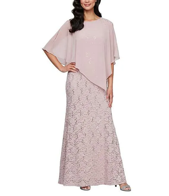 Petite Size 3/4 Sleeve Round Neck Sequin Lace Overlay Sheath Gown