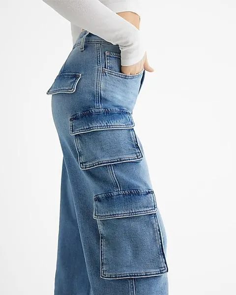 High Waisted Medium Wash Relaxed Straight Cargo Jeans