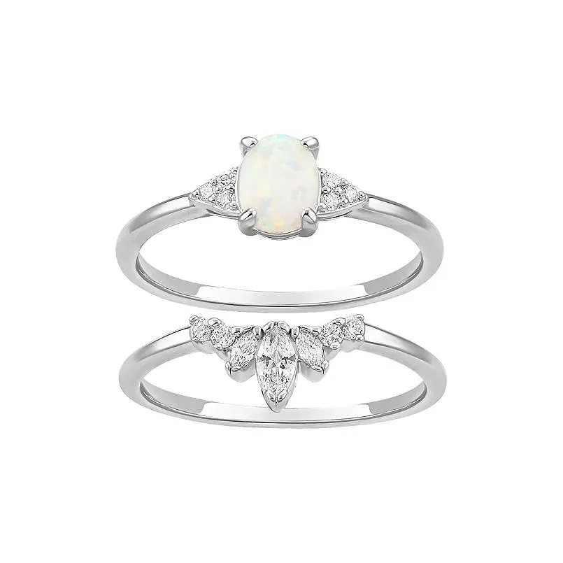 PRIMROSE Fine Silver Plated White Opal & Graduated Marquise Cubic Zirconia Ring Duo Set
