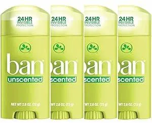 Ban Invisible Solid Antiperspirant Deodorant for Women and Men, 24-Hour Underarm Odor & Sweat Protection, Unscented, 2.6 Oz, Pack of 4