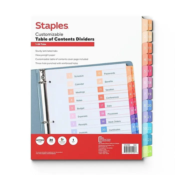 Staples Customizable Table of Contents Numeric Dividers,