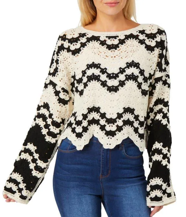 Rebellion Juniors Long Sleeve Crochet Two Tone Top