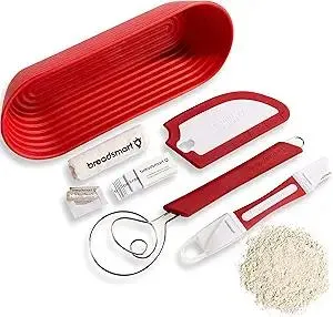 Breadsmart Artisan Bread Making Kit - 5 PC Baking Supplies Set - Lame, Scraper, Whisk, Proofing Basket & Cotton Liner - Red