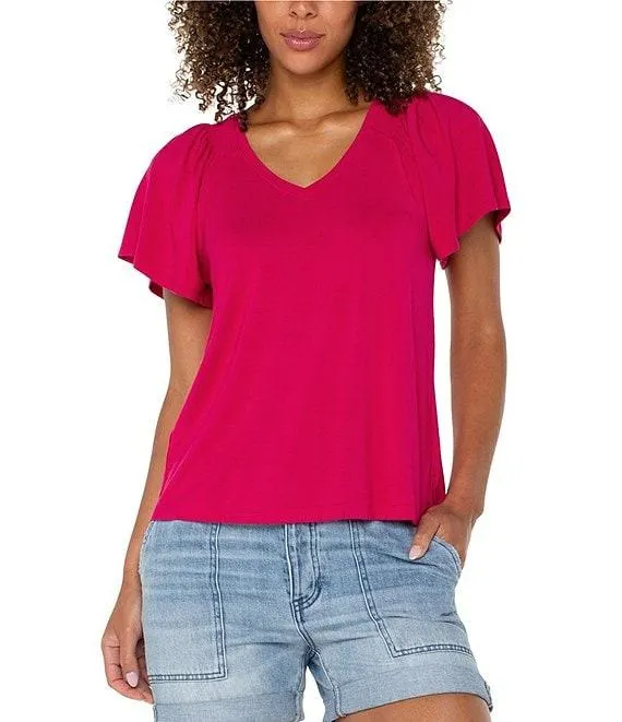 Jersey Knit V-Neck Short Flutter Sleeve Shirred Top