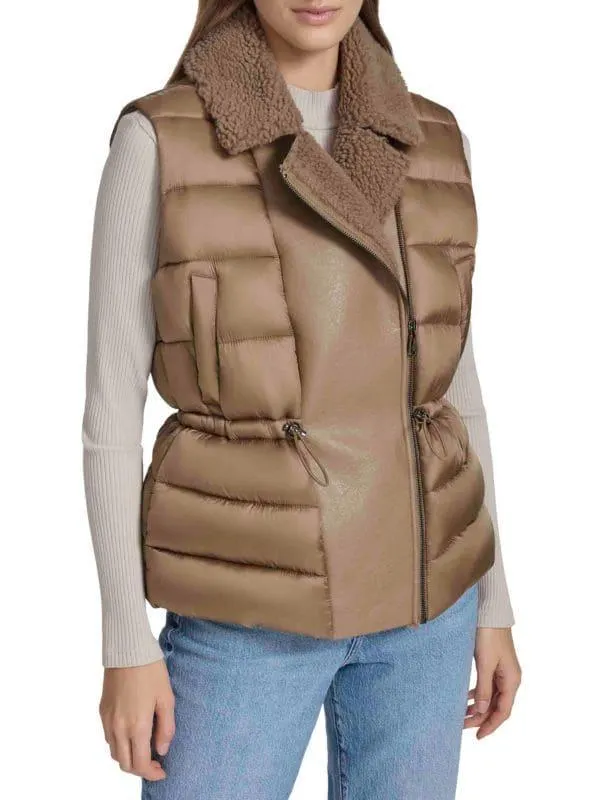 Faux-Shearling Double-Breasted Puffer Vest