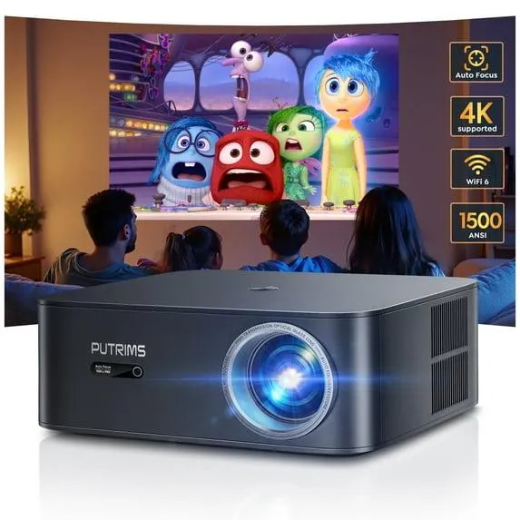 PUTRIMS Smart Projector with WiFi 6 and Bluetooth, 1500 ANSI Outdoor Movie Projector, Native 1080P Full HD Support 4K, Auto Focus & Auto Keystone, Built-in Streaming Apps