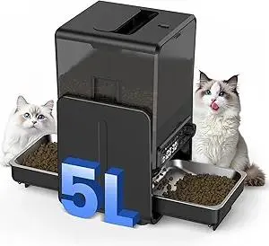 Automatic Cat Feeder for 2 Cats, 5L/20 Cups Food Dispenser with Adjustable Raised Double Bowls, Detachable Control Panel, Timed Cat and Dogs Feeder for Dry Food, Dual Power Supply