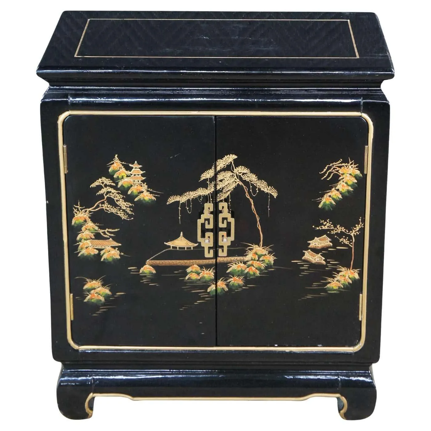 Vintage Chinese Black Lacquer Dimunitive Small Side Table Cabinet Chinoiserie