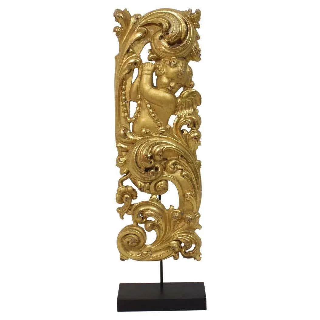 Large 18th Century Italian Hand Carved Giltwood Baroque Curl Ornament With Angel