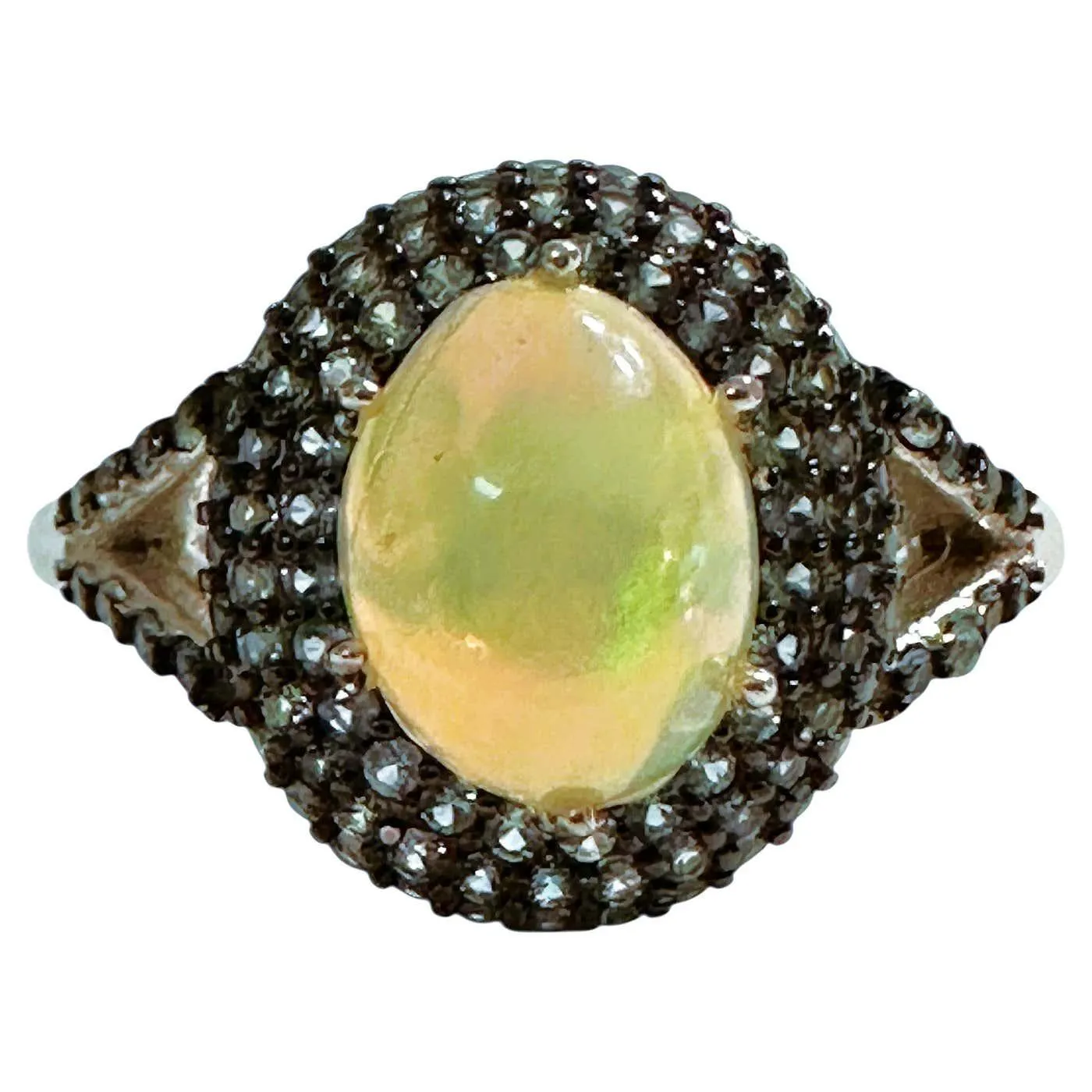 New 1.86 Carat Opal & Diamond Cut Sapphire 14k W Gold & Oxi PL Sterling Ring