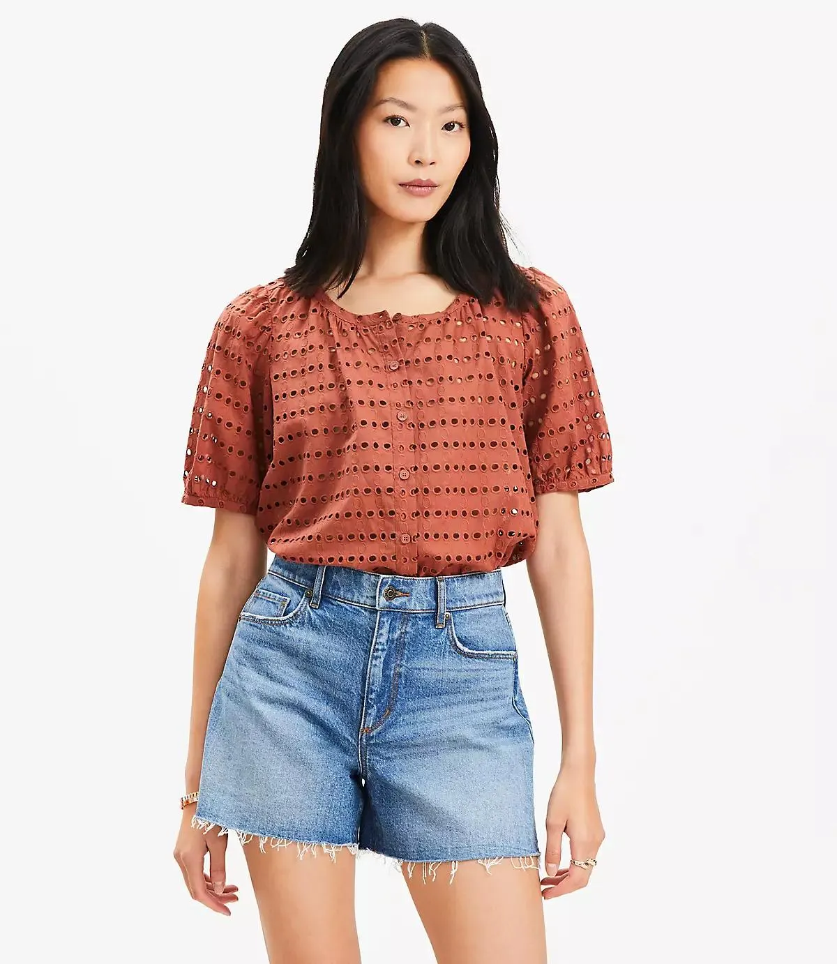 Eyelet Bubble Sleeve Blouse