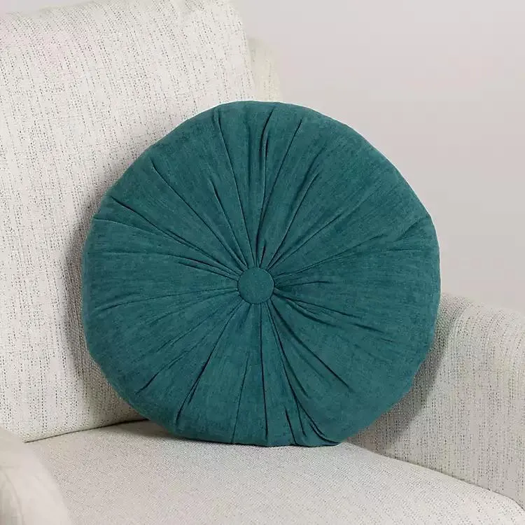 Round Teal Velvet Tufted Pillow