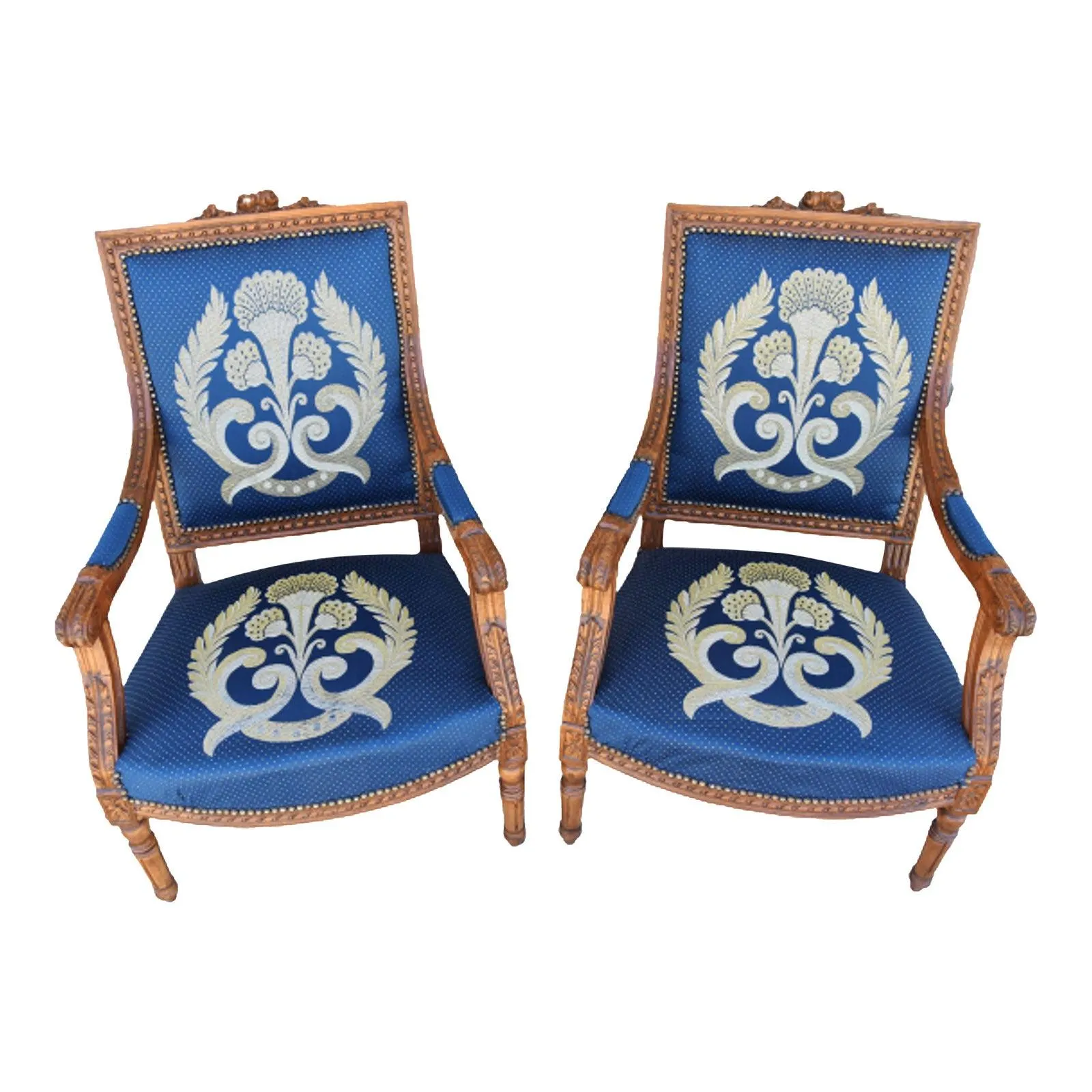 Antique Carved Oak Armchairs Upholstered in French Blue Silk Fabric W/ Gold & Silver Thread Accenting - Pair