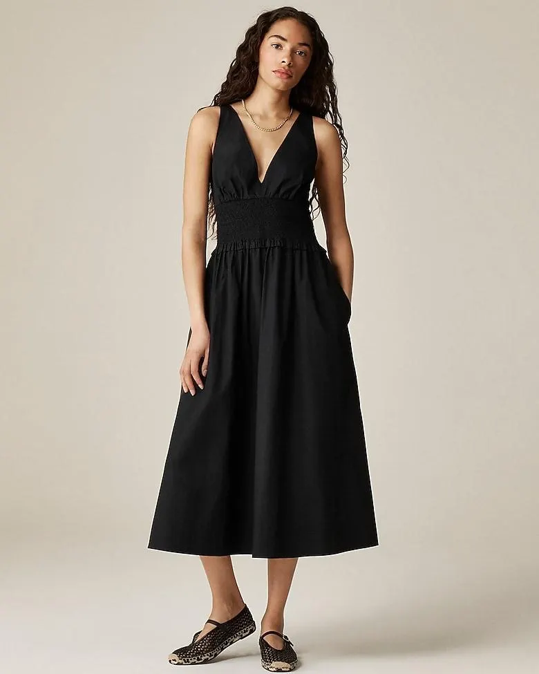 Plunge smocked-waist dress in cotton poplin