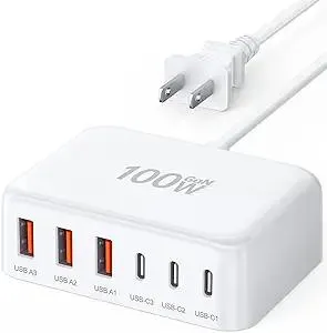 USB C Fast Charger, 100W GaN 6 Port Type Charging Station Hub Block Cube, Wall Charger Power Strip Adapter Plug for iPad iPhone 16 15 14 13 12 Pro Max Pixel Note Galaxy, 5ft Cord