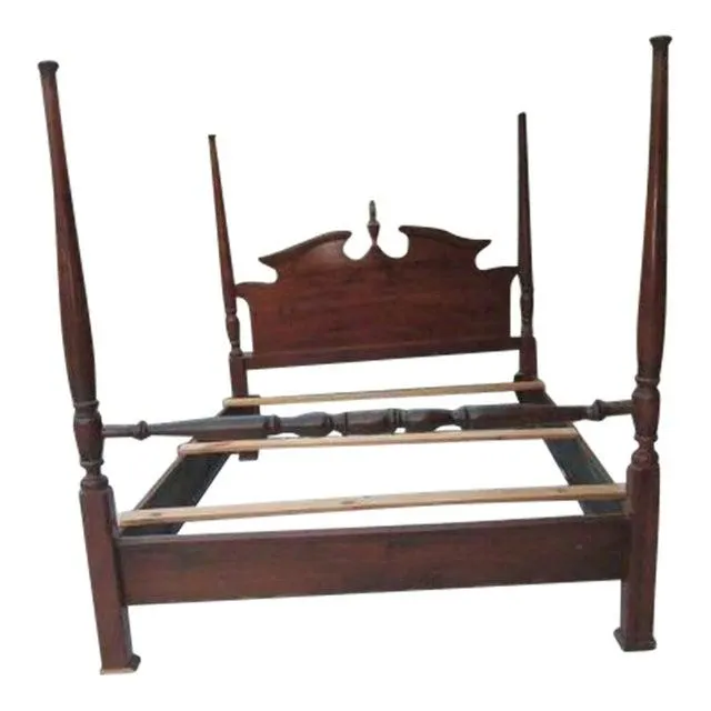 Vintage Early American Colonial Wood Four Poster Queen Bed