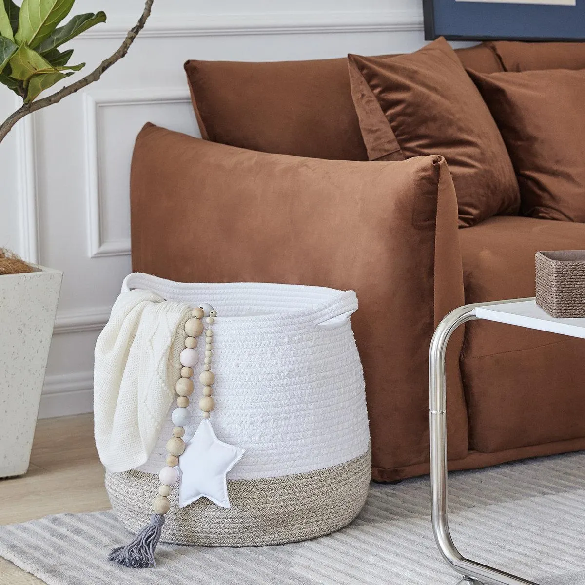 Althoff Rope Basket Woven Storage Basket , Laundry Basket Large Cotton Blanket Organizer