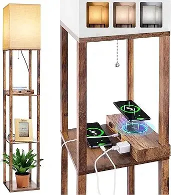 Dott Arts Floor Lamp with Shelves, Shelf Lamp with Wireless Charger & USB A+C Ports & 2 AC Outlets,3 Color Temperature Corner Tall Standing Floor Lamps for Living Room, Bedroom, Office (Brown)