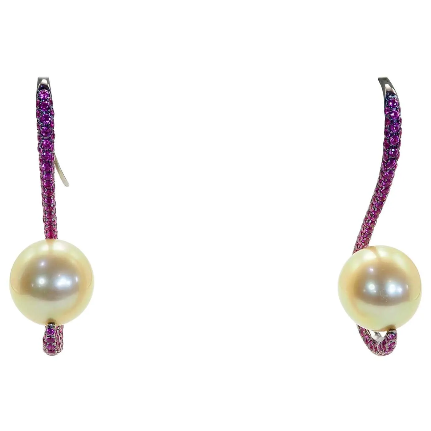 18K Black Gold 11mm Golden South Sea Pearl & 1.90ct Pink Sapphire Dangle Earring