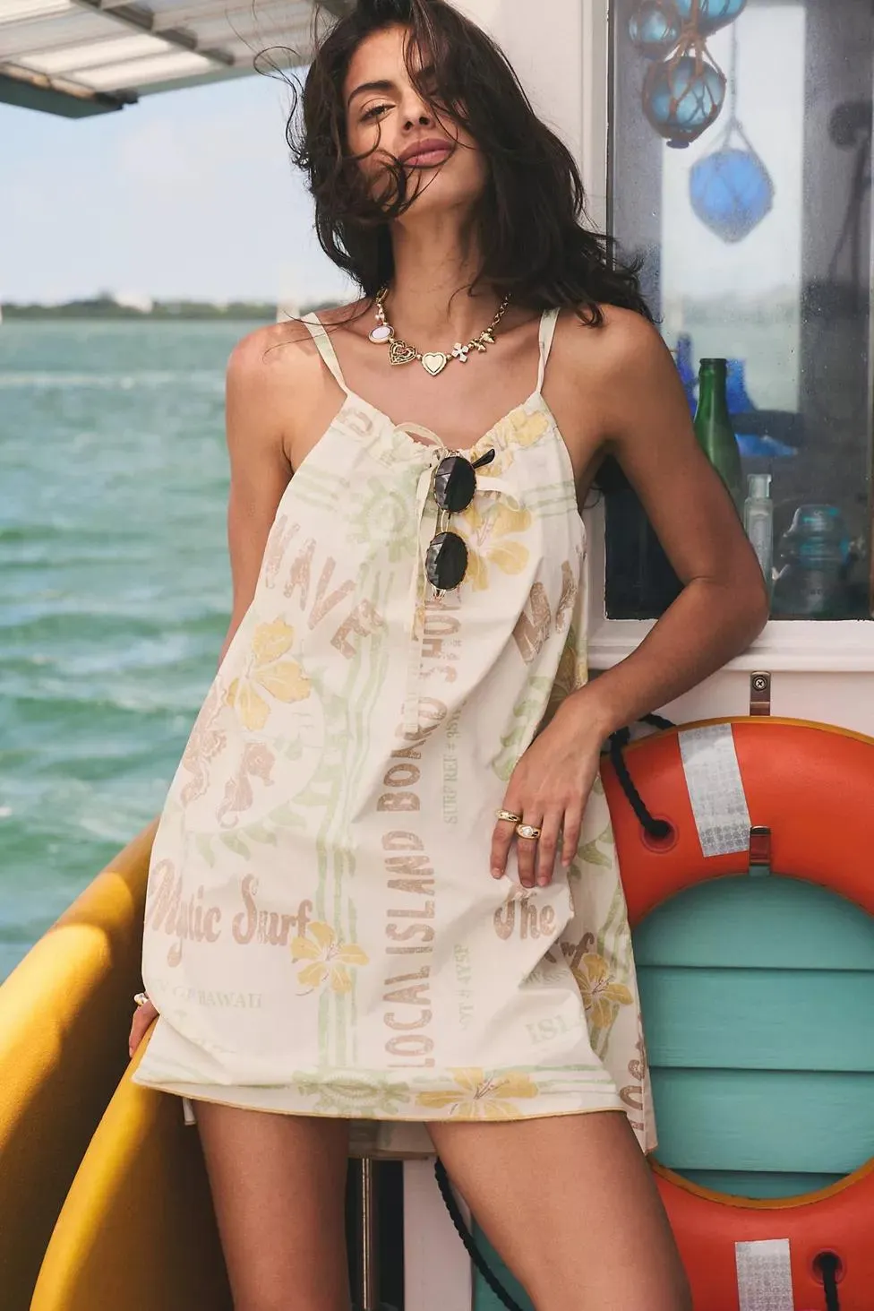 BDG Eva Tie-Front Ruched Strap Trapeze Mini Dress