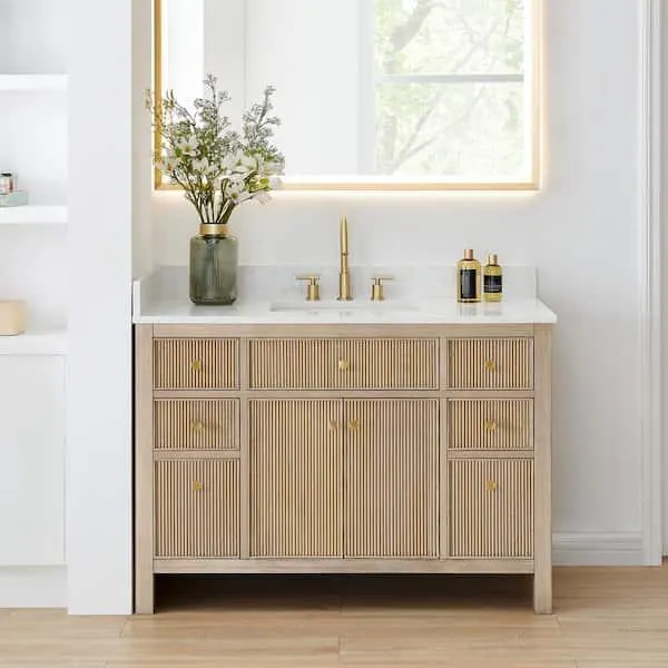 Cerrito 48 in. Single Sink Freestanding Nature Oak Bath Vanity with Grain White Engineered Stone Top Assembled