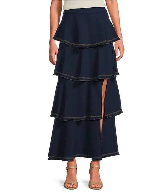 Contrast Stitch Ruffle Tiered Maxi Skirt