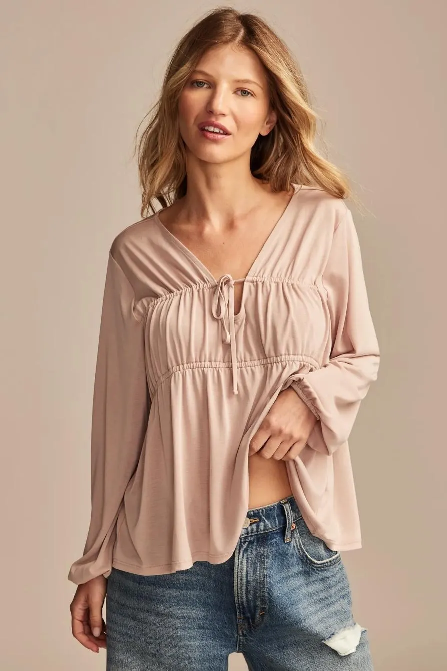 shirred tie front sandwash top