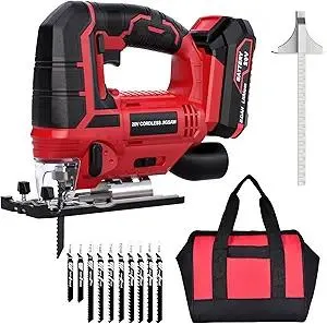 Jig Saw - 20V Cordless Jigsaw with Battery and Charger 2700 SPM Rechargeable Jigsaw with 10pcs Cutting Blades Bevel Angle (±45°) Variable Speed and 4 Orbital Function for Straight/Curve/Circle Cutting