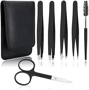 6 PCS Professional Tweezers Set - Stainless Steel Precision Tweezer Kit for Eyebrows, Facial Hair, Ingrown Hair & Splinter Removal with Travel Case (Black)