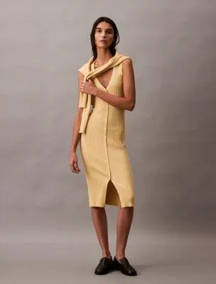 Smooth Cotton Rib Sweater Midi V-Neck Dress