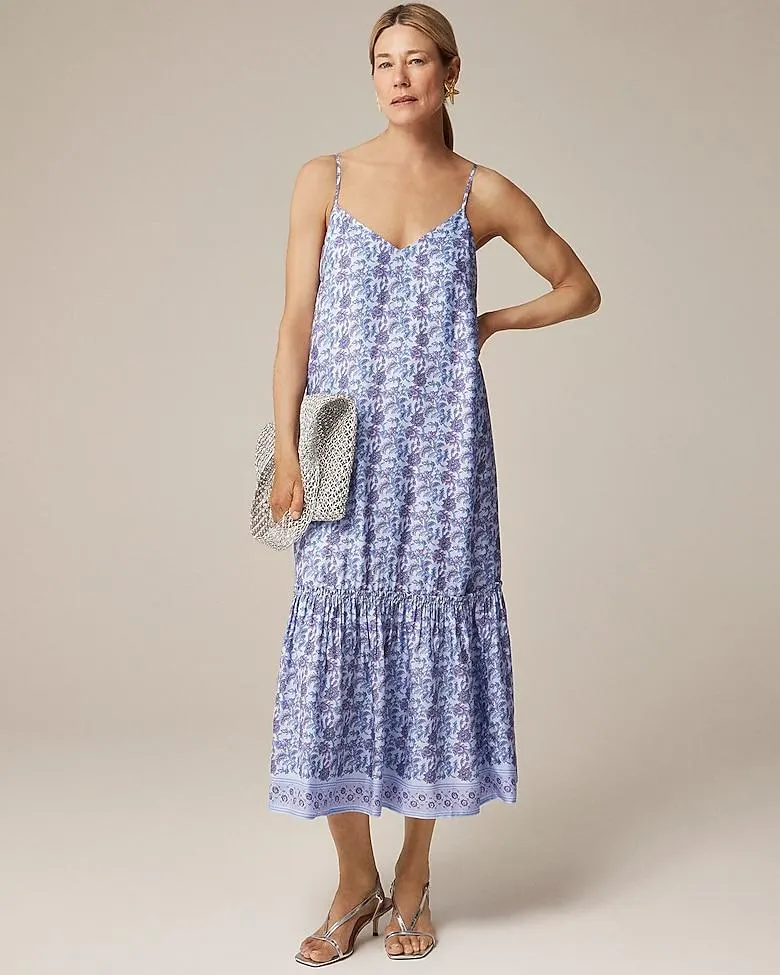 Tiered tie-waist dress in dusty periwinkle block print